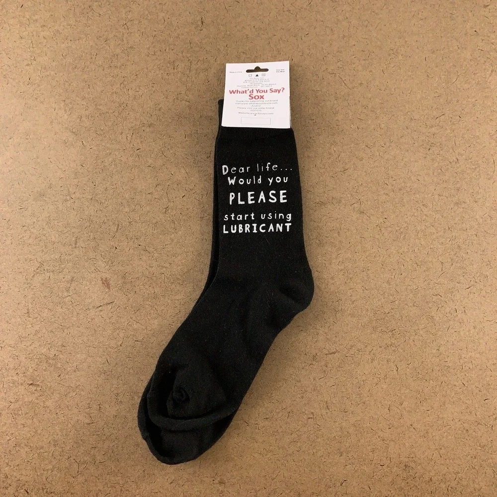What'd You Say Sox Adult One Size Black White Life Use Lubricant Crew Socks NWT